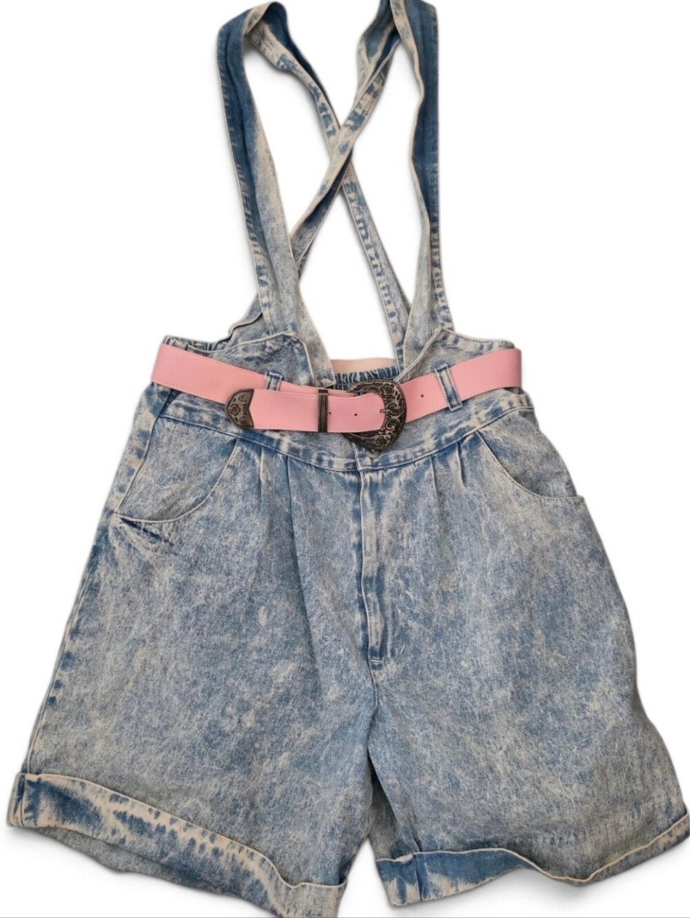 ​VTG 80s Flash Acid Wash Denim Suspender Shorts Pink Belt 100 Cotton Made USA 13